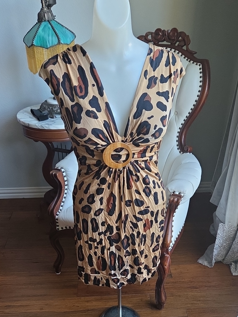 Leopard Print V-Neck  Women’s Dress - Tan